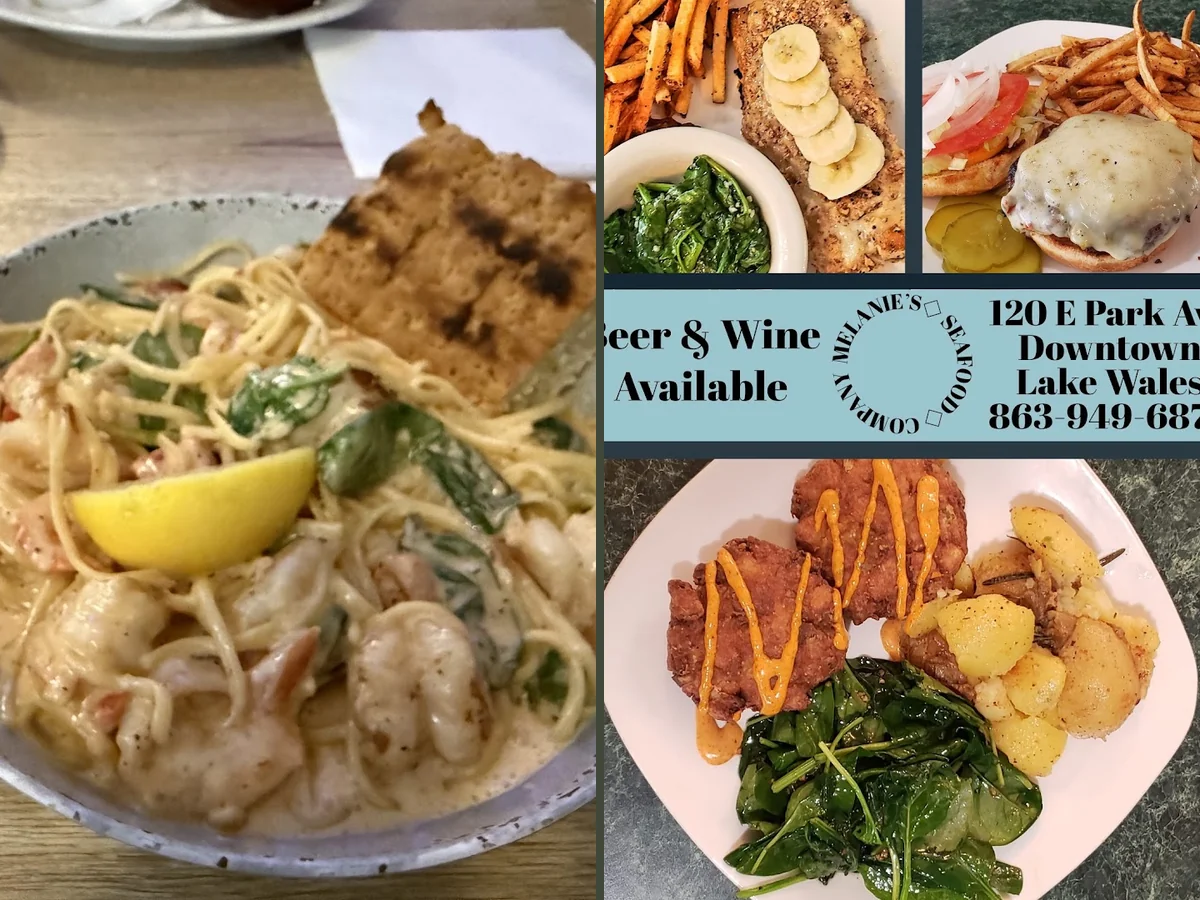Plated seafood with fries on a simple table.