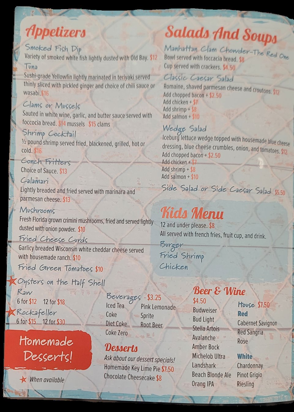 Printed menu page with seafood sections.