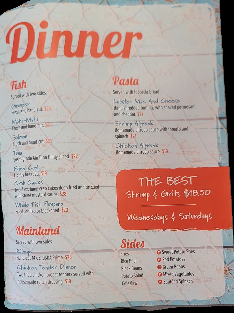 Menu layout with seafood and burger options.